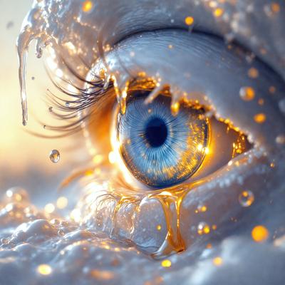 The primary subject of the image is a close-up of a person's eye, with a blue iris and a yellow tear. The setting is a brightly lit environment, possibly a studio or a well-lit room. The visual style is a combination of a photo and digital art, creating a unique and eye-catching image. The dominant colors are blue and yellow, with the blue iris and yellow tear standing out against the bright background. The overall atmosphere of the image is one of beauty and emotion, as the eye is captured in a close-up shot that highlights its intricate details.